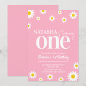 Retro Daisy Roze en Wit Minimaal 1e Verjaardag Kaart (Voorkant / Achterkant)