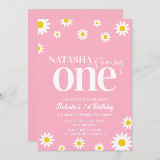 Retro Daisy Roze en Wit Minimaal 1e Verjaardag Kaart (Voorkant / Achterkant)