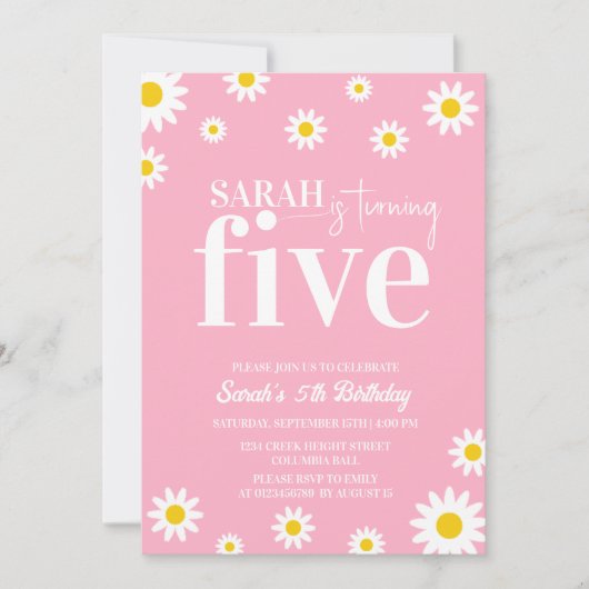 Retro Daisy Roze en Wit Minimale 5e Verjaardag Kaart (Voorkant)