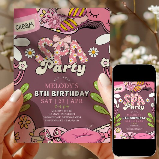 Retro Daisy Spa Party Birthday Invitation Maroon Kaart