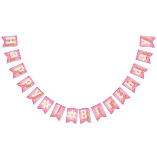 Retro Daisy Sunburst Pink Happy 1 Birthday Vlaggetjes