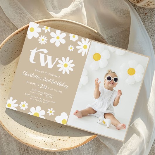Retro Daisy Twee Bloemen 2e Verjaardag Foto Kaart