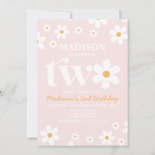 Retro Daisy Twee Bloemen 2e Verjaardag Uitnodiging (Voorkant)