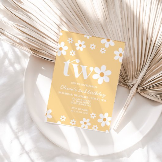 Retro Daisy Twee Bloemen 2e Verjaardag Uitnodiging