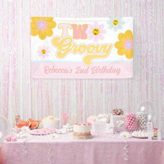 Retro Daisy Twee Groovy Verjaardagsbanner Spandoek (Feest)