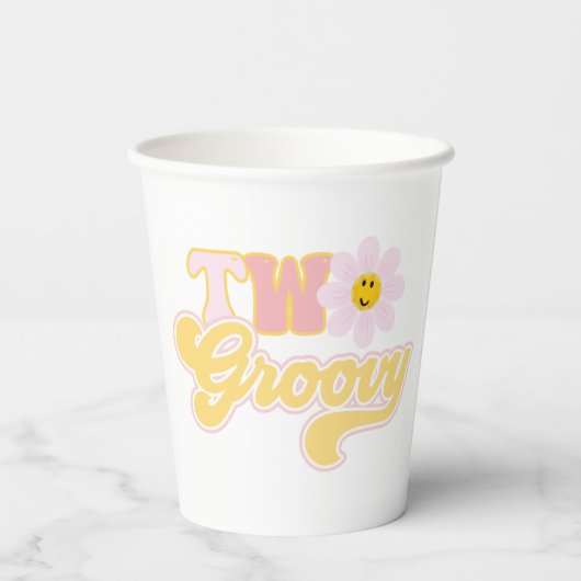 Retro Daisy Two Groovy Paper Cups Papieren Bekers (Achterkant)