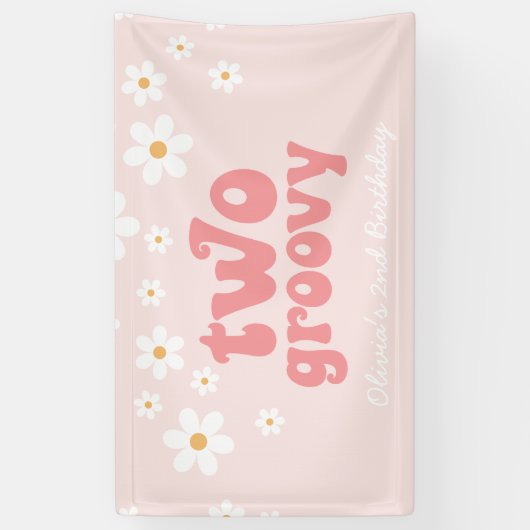Retro Daisy Two Groovy Pink Floral 2e verjaardag Spandoek (Verticaal)