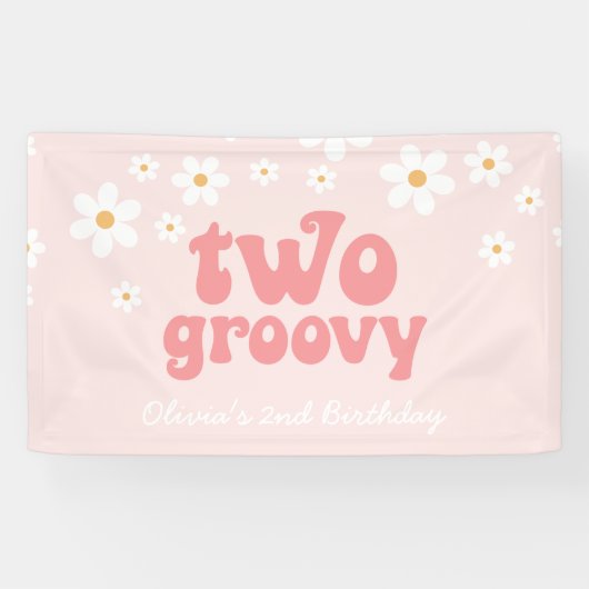 Retro Daisy Two Groovy Roze Bloem 2e Verjaardag Spandoek (Horizontaal)