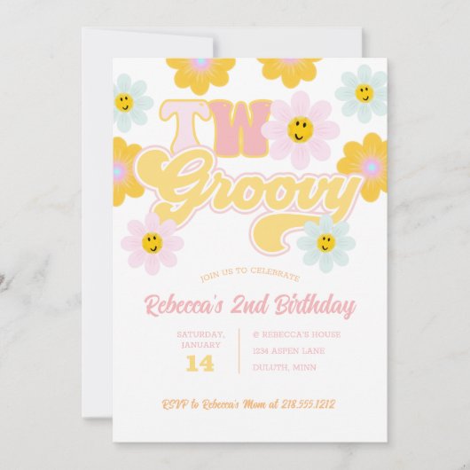 Retro Daisy Two Groovy Second Birthday Uitnodiging (Voorkant)