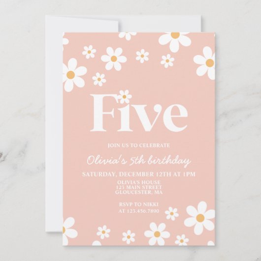 Retro Daisy Vijf Bloemen 5e Verjaardag Uitnodiging (Voorkant)