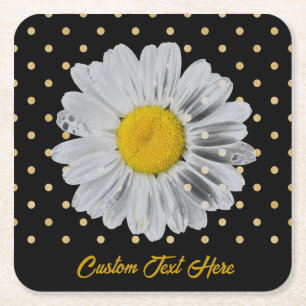 Retro Daisy Yellow Bright Gold Black Polka Dots Kartonnen Onderzetters