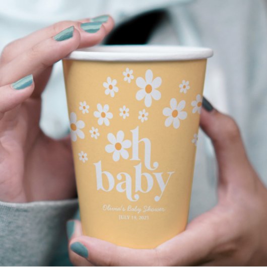 Retro Daisy yellow Oh Baby Paper Cups Papieren Bekers