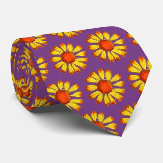 Retro Daisy Yellow op Paarse Stropdas (Opgerold)