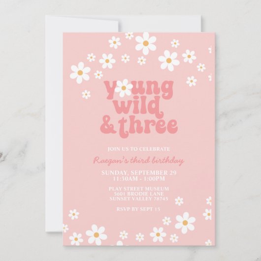 Retro Daisy Young Wild Drie Bloemen 3e Verjaardag Kaart (Voorkant)