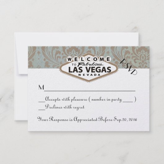 Retro Damask Floral Las Vegas Bruiloft RSVP (Voorkant)
