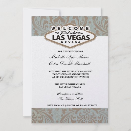 Retro Damask Floral Las Vegas Bruiloft Uitnodigen Kaart (Voorkant)