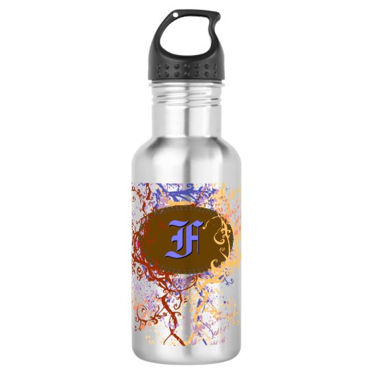 Retro Damask Patroon met Monogram Letter F Waterfles (Voorkant)