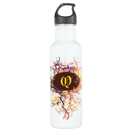 Retro Damask Patroon met Monogram Letter Q Waterfles (Voorkant)
