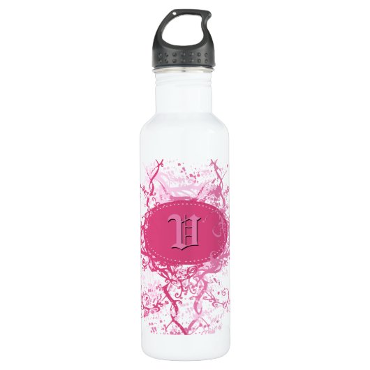 Retro Damask Patroon met Monogram Letter V Waterfles (Voorkant)