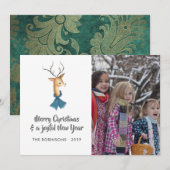 Retro Damask Rendier Kerstmis Familie Foto Feestdagenkaart (Voorkant / Achterkant)