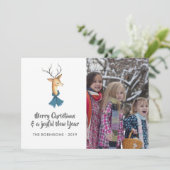 Retro Damask Rendier Kerstmis Familie Foto Feestdagenkaart (Staand voorkant)