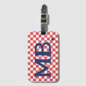 Retro dambord geruit patroon rood blauw bagagelabel (Voorkant (verticaal))