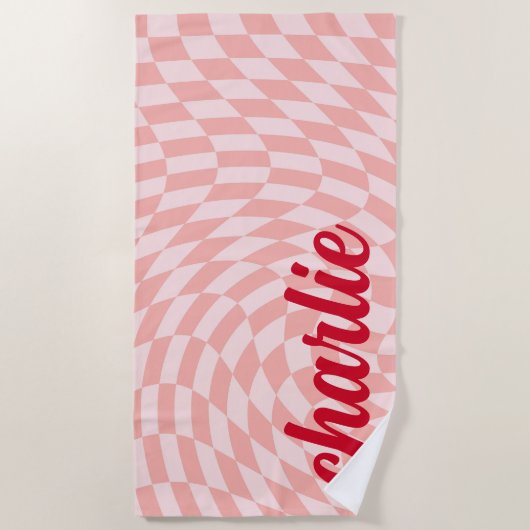 Retro dambord wervelgolf licht blush roze strandlaken (Voorkant)