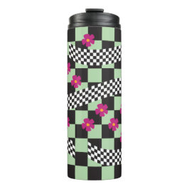 Retro dambordontwerp met bloemen thermosbeker