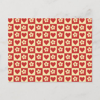 Retro dambordpatroon harten en bloemen briefkaart