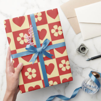 Retro dambordpatroon harten en bloemen cadeaupapier