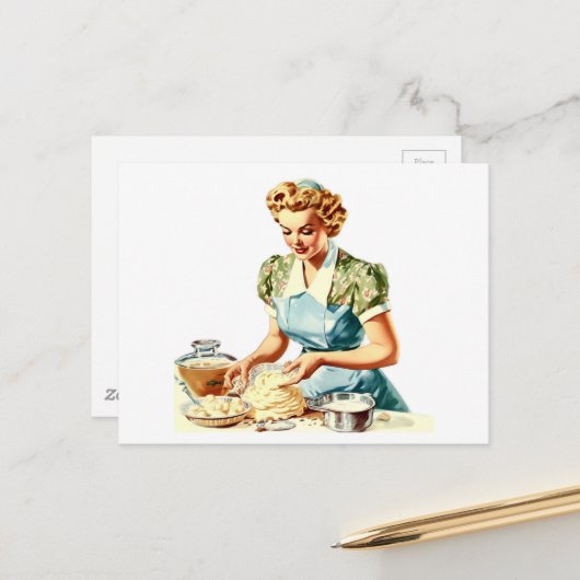 Retro Dame Bakken Briefkaart (Voorkant / Achterkant in situ)