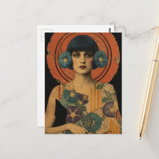 Retro Dame en Bloemen Briefkaart (Voorkant / Achterkant in situ)