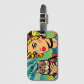 Retro Dame en Kat Gepersonaliseerd Bagagelabel (Voorkant (verticaal))