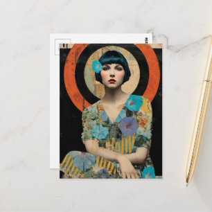 Retro Dame en Morgenrood Bloemen Briefkaart