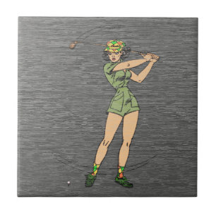 Retro Dame Golfer Comic Tegeltje