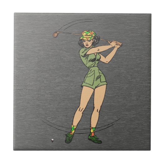 Retro Dame Golfer Comic Tegeltje (Voorkant)