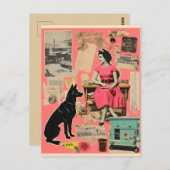 Retro dame in jurk met zwarte hond Collage Briefkaart (Voorkant / Achterkant)