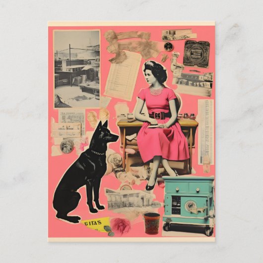 Retro dame in jurk met zwarte hond Collage Briefkaart (Voorkant)