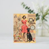 Retro dame in jurk met zwarte hond Collage Briefkaart (Staand voorkant)