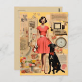 Retro dame in jurk met zwarte hond Collage Briefkaart (Voorkant / Achterkant)