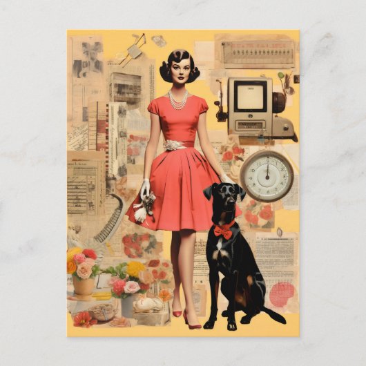 Retro dame in jurk met zwarte hond Collage Briefkaart (Voorkant)