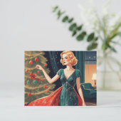 Retro dame in mooie jurk, kerstboom feestdagenkaart (Staand voorkant)