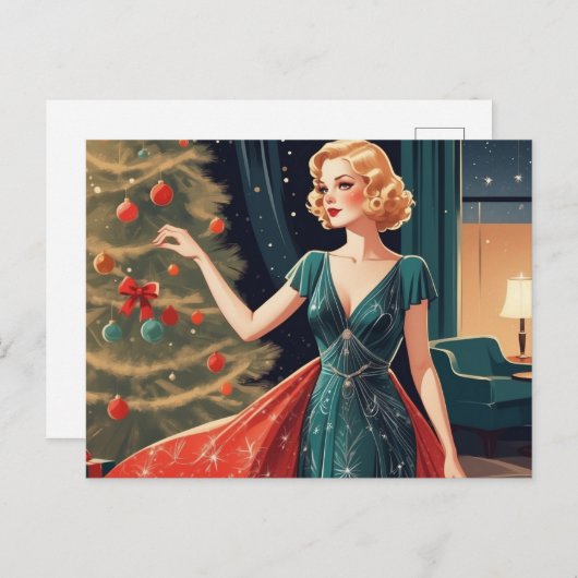 Retro dame in mooie jurk, kerstboom feestdagenkaart (Voorkant / Achterkant)