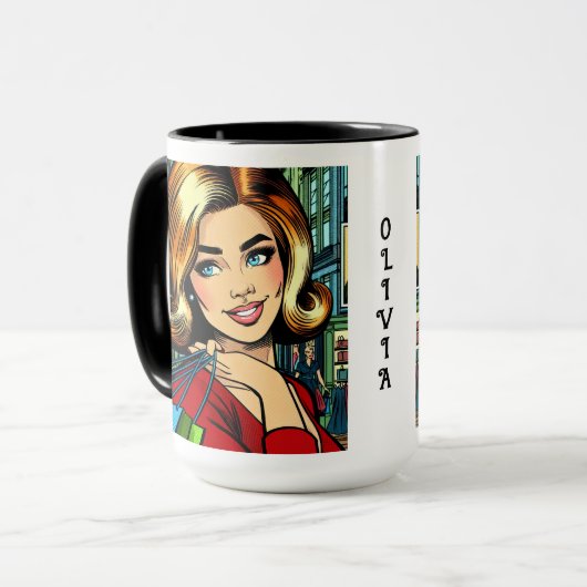 Retro Dame met Boodschappentassen Gepersonaliseerd Mok (Voorkant links)