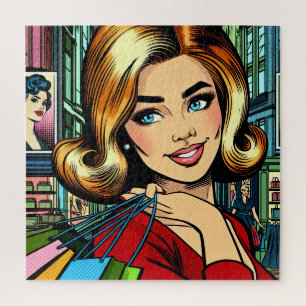 Retro Dame met Boodschappentassen Mid Century Legpuzzel