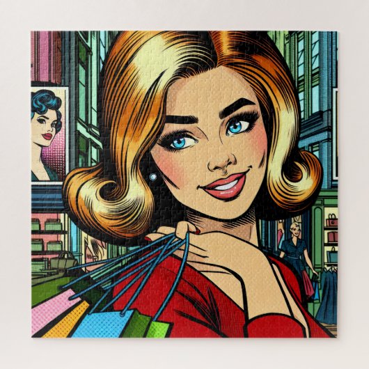 Retro Dame met Boodschappentassen Mid Century Legpuzzel (Verticaal)