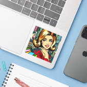 Retro Dame met Boodschappentassen Middeleeuwen Sticker (Laptop met iPhone)