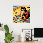 Retro dame op het strand die droomt over mode poster (Thuiskantoor)