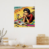 Retro dame op het strand die droomt over mode poster (Keuken)