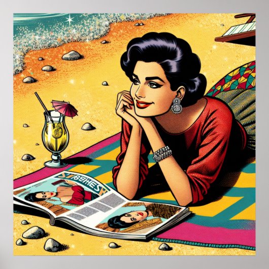 Retro dame op het strand die droomt over mode poster (Voorkant)